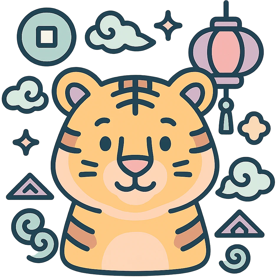 tiger, symbol of the year in feng shui, Chinese style, thin clean outlines, soft rounded shapes, pastel palette #98B5BC, #B5B3C1, #C9A3C9, #E4C0CA, #F7DCD1, #F7C0AA, modern Japanese pop art and sticker aesthetics, detailed shadows and highlights, soft lighting, transparent background, with Chinese decor (coins, lanterns, clouds, patterns) emoji