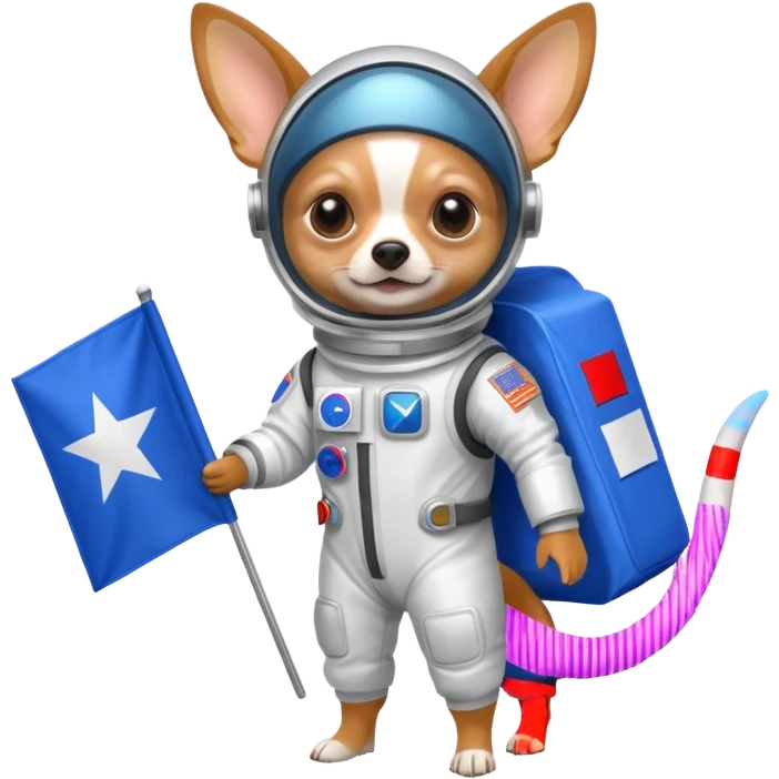 a chihuahua in space suit, holding blue rectangle flag, full body, front view emoji