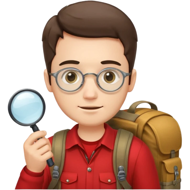Explorer man with red shirt backpack and magnifying glass emoji