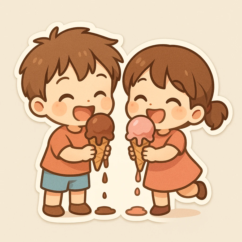 happy children with melting ice cream cones emoji