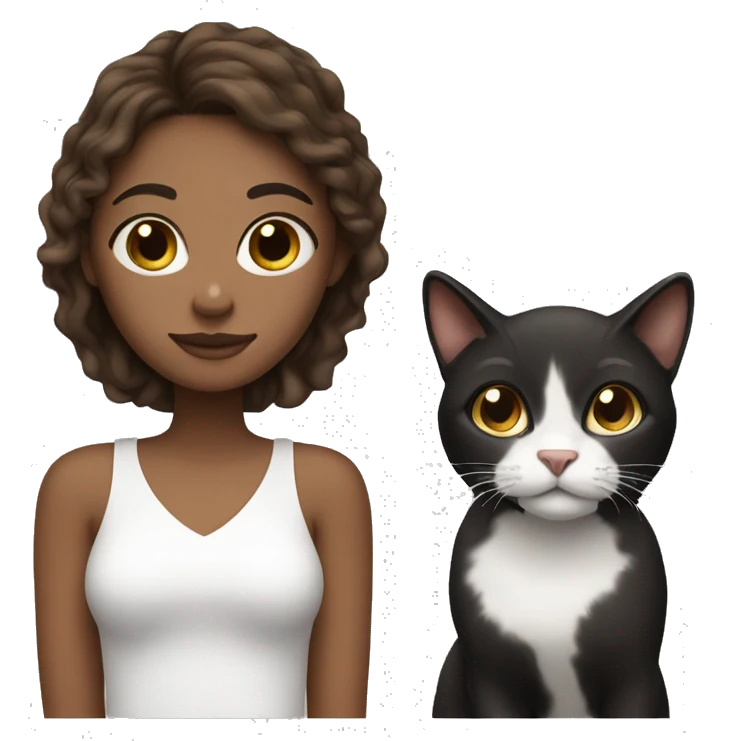brown hair girl with 2 cats, one completely black and the other one fully white  emoji