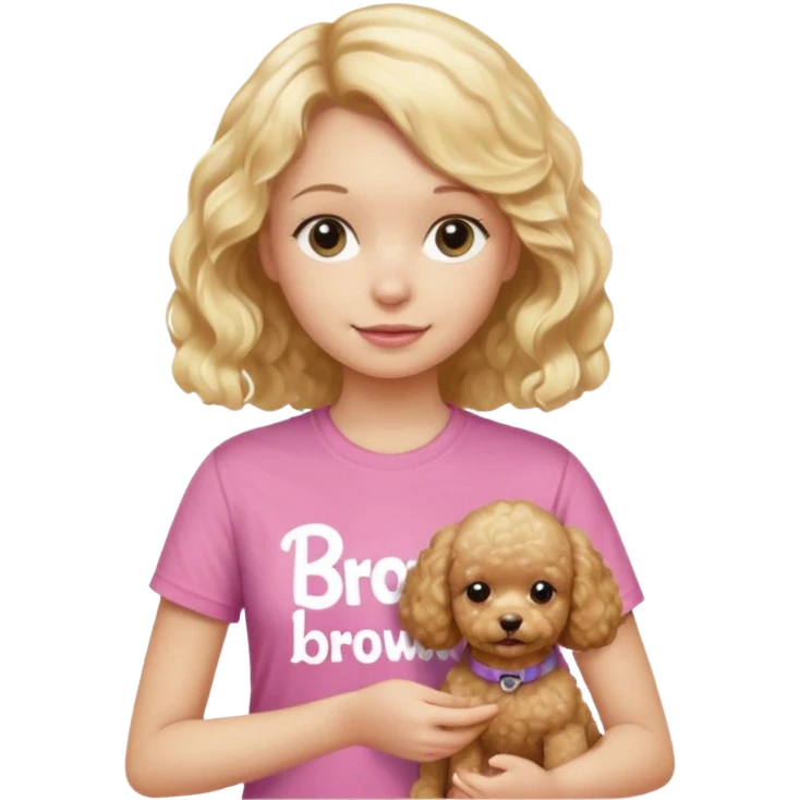 hazme un emoji que sea una niña rubi con el pelo ondulado i una camiseta rosa que ponga brownie, i acariciando a un perro (caniche toy) emoji