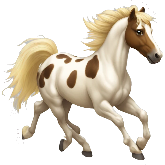 Scruffy Piebald tricolor palomino yellow brown pony with dark brown spots galloping running emoji