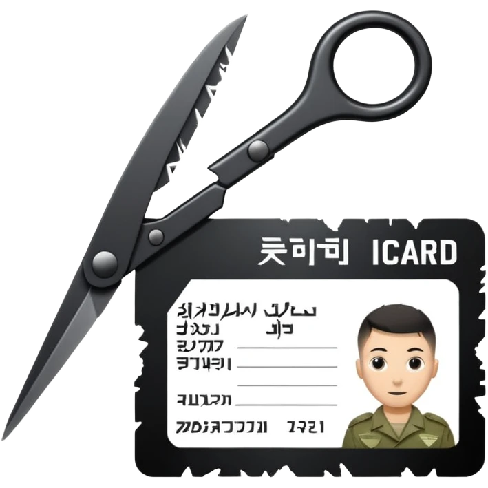 black Scissors cutting an idf soldier ID card in 2 parts .hyper realistic emoji