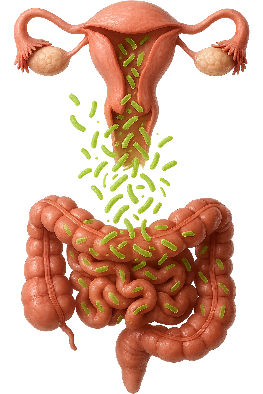 UTERO UMANO E INTESTINO ANATOMICI REALISTICI SONO UNO SOPRA ALL'ALTRO E SI PASSANO I BATTERI A VICENDA, CON BATTERI CHE ESCONO DALL'INTERNO, IPERREALISTICO 4K, NON DISEGNATO emoji