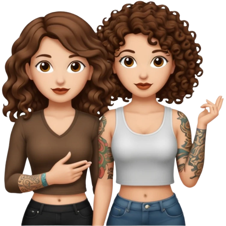 success scroll — long wavy brown hair tattooed woman and short tight curly brown hair woman — proud pose emoji