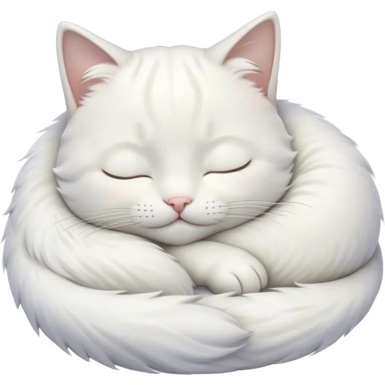 Meme-Worthy Cute Sleeping White Cat Portrait Emoji, Head peacefully tilted with a tender, contented smile and eyes gently closed in serene slumber, featuring a pristine white fur with subtle, delicate silver accents, simplified yet irresistibly adorable, highly detailed, glowing with a soft, drowsy radiance, high shine, exuding calm, heartwarming charm, styled with a gentle, soft glowing outline, capturing the essence of a sleeping white cat that seems destined to become the next viral icon of adorable repose! emoji