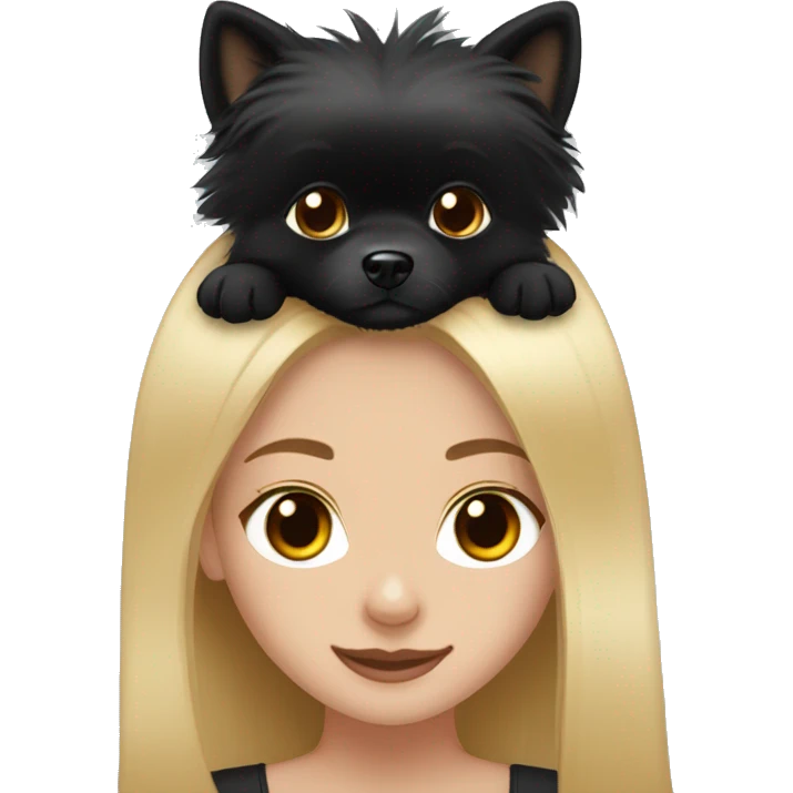 brown eyes blond girl petting black pomeranian with a white nose  emoji