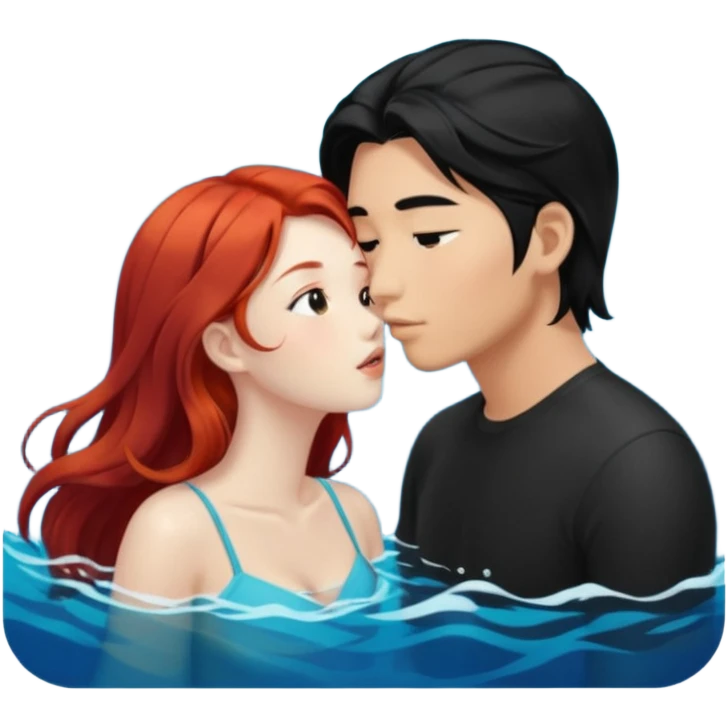 long black haired asian guy kiss redhead girl in ocean emoji