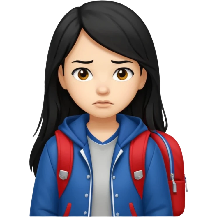 college student with annoyed face , black hair , with varsity jacket and backpack , girl, long hair,  emoji