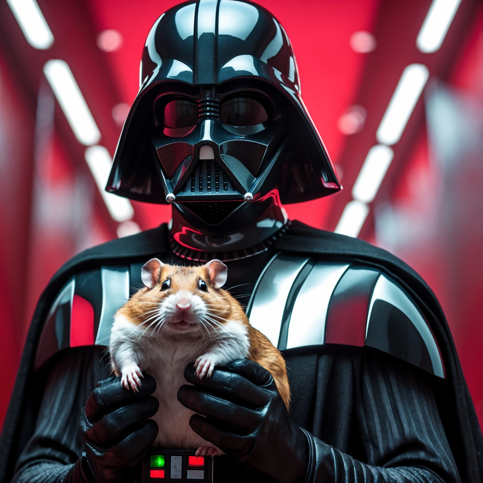 Extreme Closeup Photo of a darth vader holding big hamster, low key light, red solid background with leading lines, back light, spot light emoji