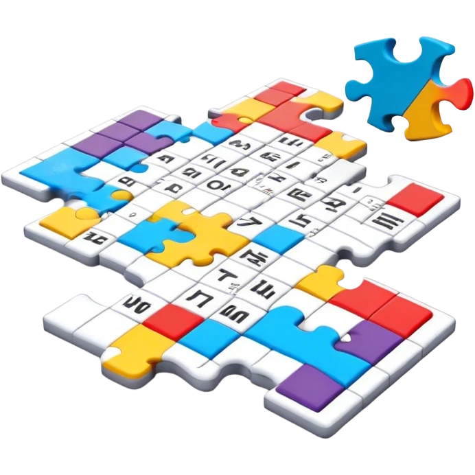 A photorealistic icon with a colorful, fragmented puzzle piece, a crossword magazine, a 3D puzzle, and a partially completed puzzle on a table. Bright, detailed design with realistic lighting. Transparent background, clearly symbolizing puzzles and brain games. emoji