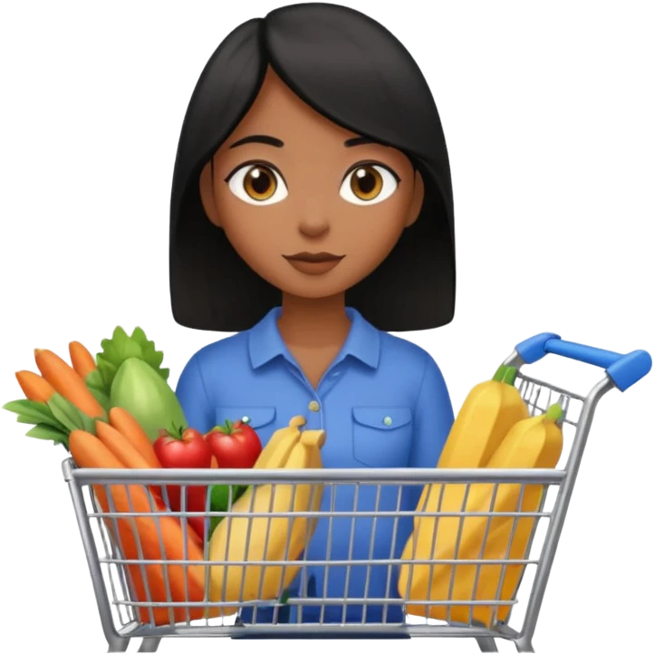 Uma menina morena cabelo liso preto olhos puxados fazendo compra emoji