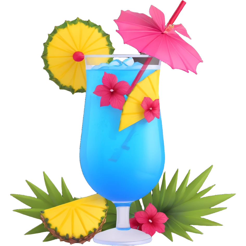 vibrant tropical fruity blue cocktail with hibiscus, pineapple slice, and paper umbrella garnish emoji