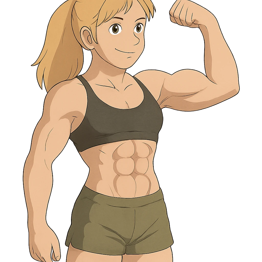 full body pose of a muscular white girl with blonde hair and green eyes, flexing 6 pack abs and one arm bicep emoji