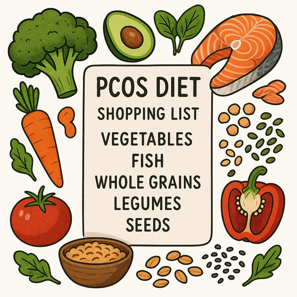 realistic illustration of a PCOS diet shopping list: vegetables, fish, whole grains, legumes, seeds, colorful icons, modern style, white background emoji