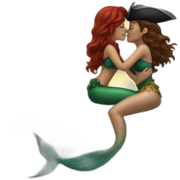 Brown haired mermaid and woman pirate kissing emoji