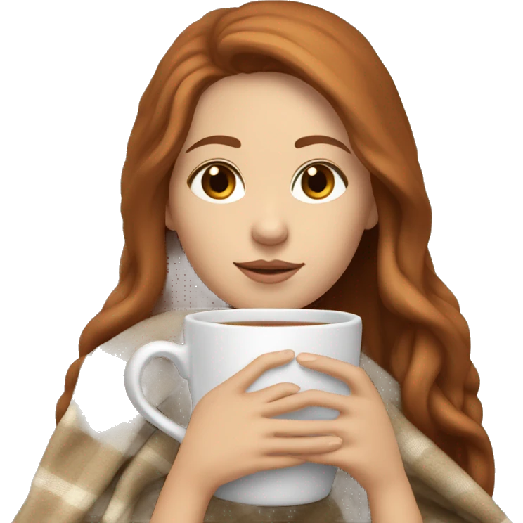 white girl with reddish brown long hair and brown eyes with blanket wrapped about shoulders and sipping tea emoji