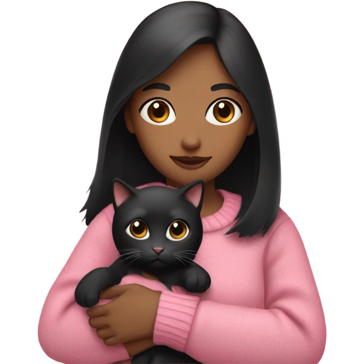 A girl with black hair holding a cat with a pink sweater emoji