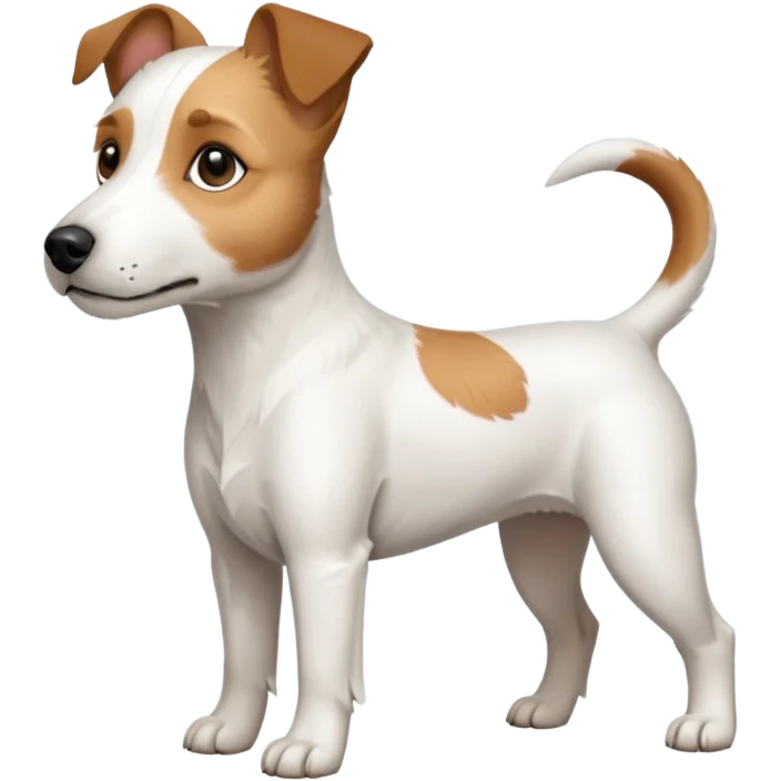 a full body white parson russell looking dog the size of a kelpie with light brown ears and a light brown patch on one eye and a large snout emoji
