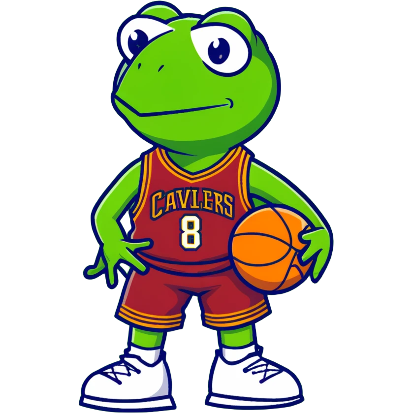 Kermit the Frog wearing a Cleveland Cavaliers #8 basketball jersey, cartoon style emoji