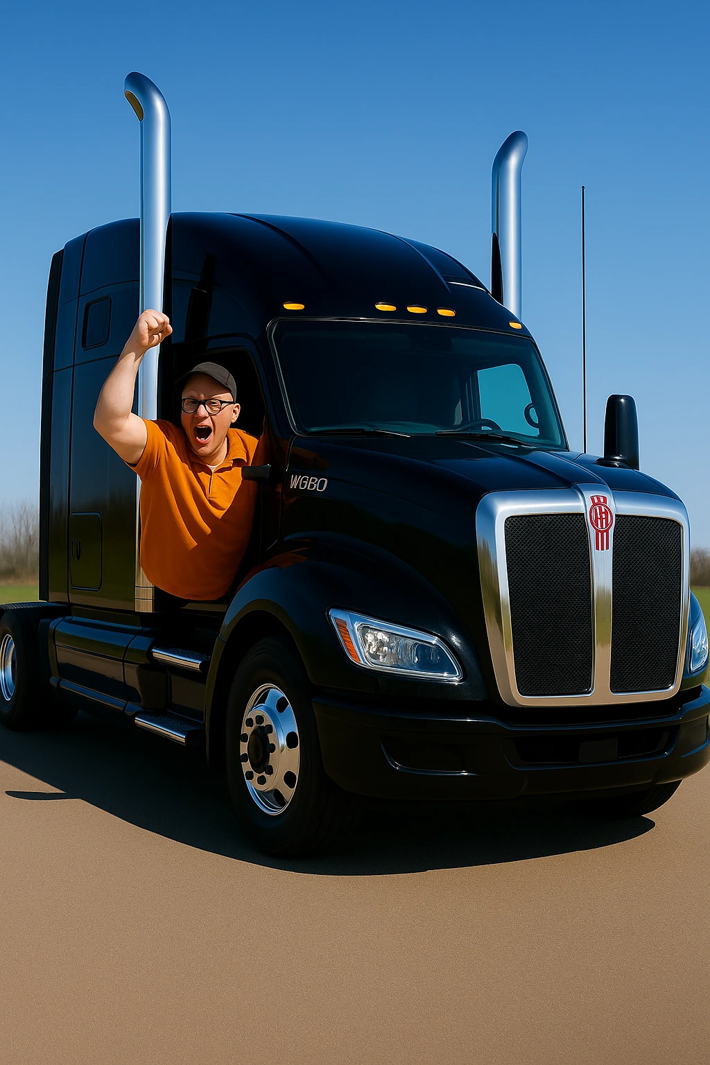Move the angry bald man wearing an orange shirt, glasses, and a baseball cap to the driver's side window of the 2026 Kenworth W680 black sleeper semi truck. Show his arm pumping out of the driver's side window. Keep the scene bright and vivid with clear details and vibrant colors. emoji