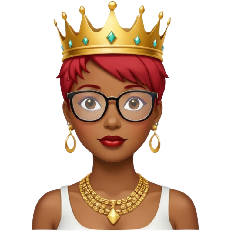 Emoji of a black woman with short red hair, square glasses, a lot of gold necklaces and earrings, wearing a gold crown emoji
