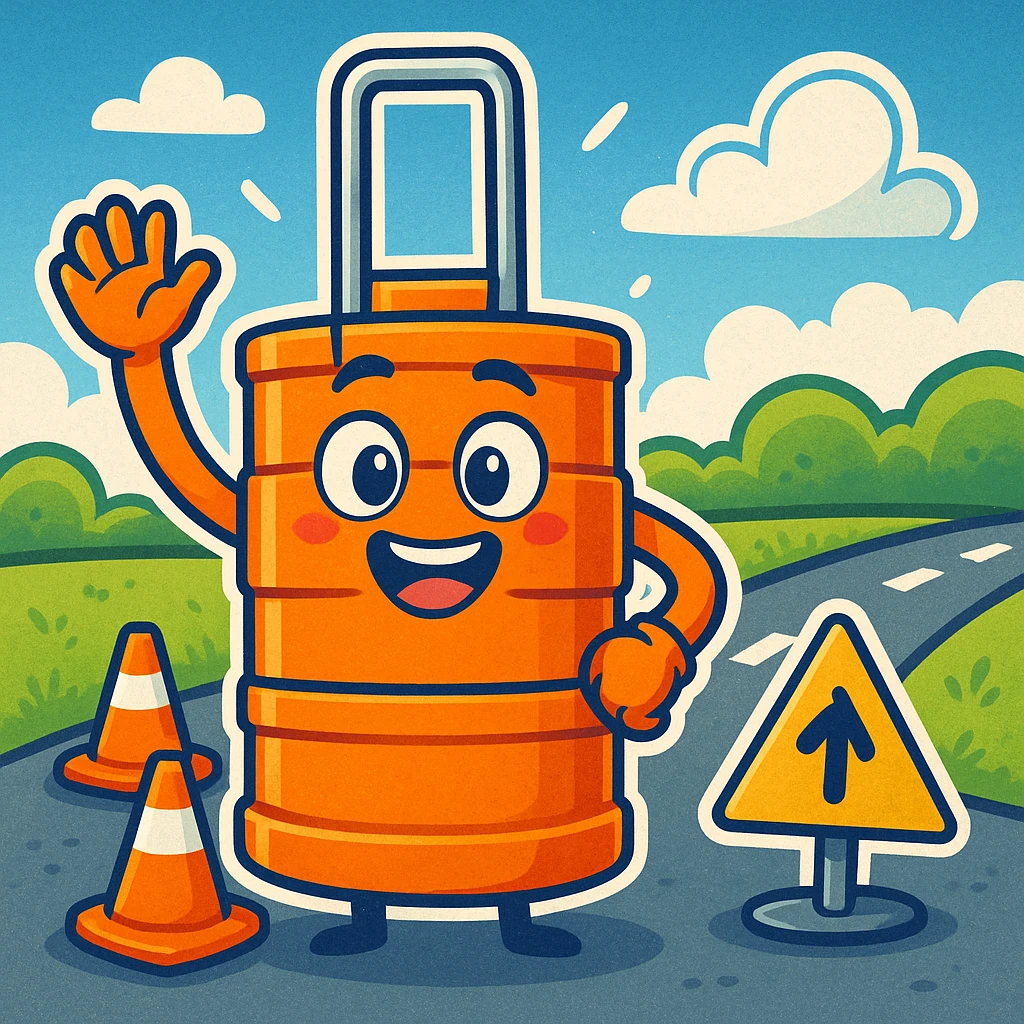 Make a fun cartoon scene with the orange road construction barrel as the main character. Add a bright, playful background with a road, some traffic cones, and a blue sky with clouds in the style of cartoonish stickers. emoji