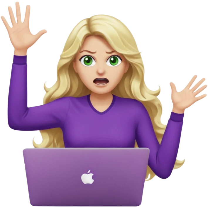lady with long wavy blonde hair, purple top, green eyes, throwing her with a purple mac laptop hands in the air screaming, looking angry emoji