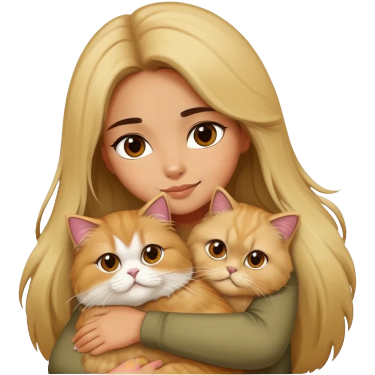 olive skin girl with long brown hair, hugging an fluffy blonde persian cat emoji