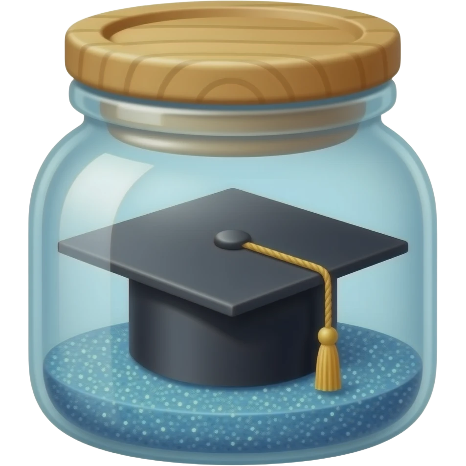 A thin glass jar with glitter inside it and a Graduation cap also inside it that it being held by a string that is attatched to the wooden cap of the jar emoji