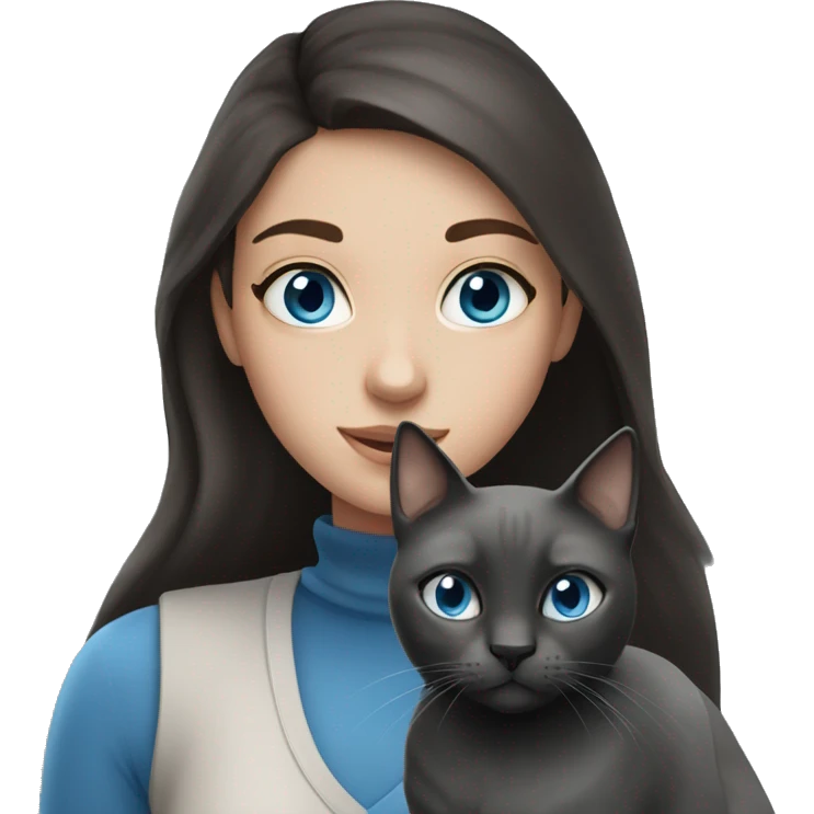brunette girl with freckles and blue eyes with a grey and black cat emoji