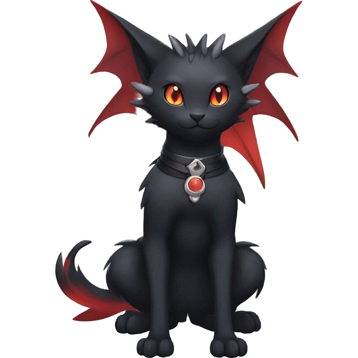 Kawaii cool edgy beautiful black red ethereal fantasy nargacuga-noivern-cat-Fakemon collar harness full body emoji