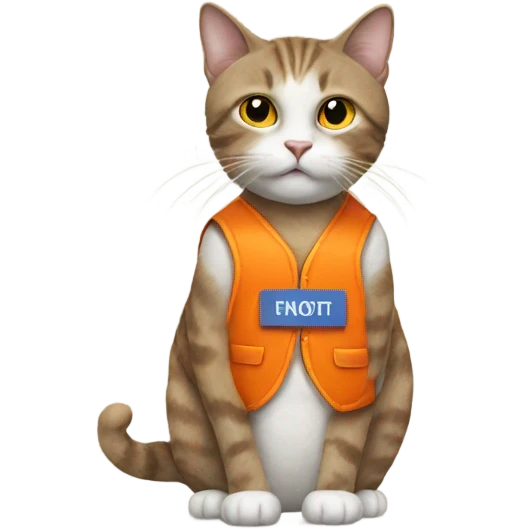 cat with a sign and an orange vest emoji