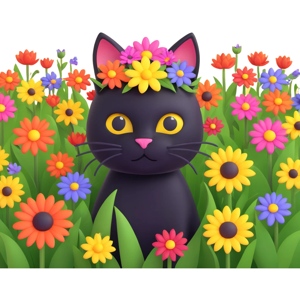 a black cat with a flower on its head in a field of flowers, pastel colors emoji