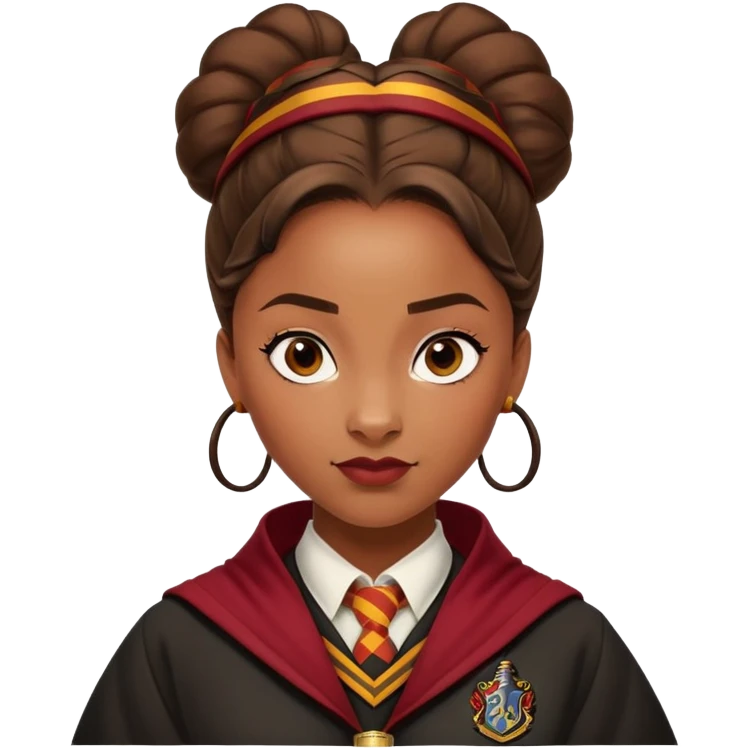 Tiana Benjamin is Angelina Johnson in harry potter, wear hogwarts gryfindor uniform,  thick, brown 1 bun hair , reflecting her bold, stylish, and strong personality emoji
