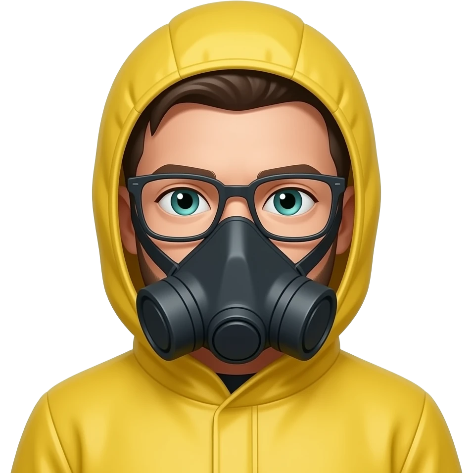 white man dark brown hair blue green eyes and small rectangle frame glasses yellow hazmat suit with hood on and mask emoji