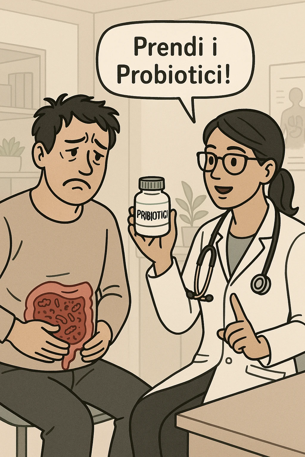 Uomo che ha disbiosi evidente e il dottore gli dice "Prendi i Probiotici!" emoji