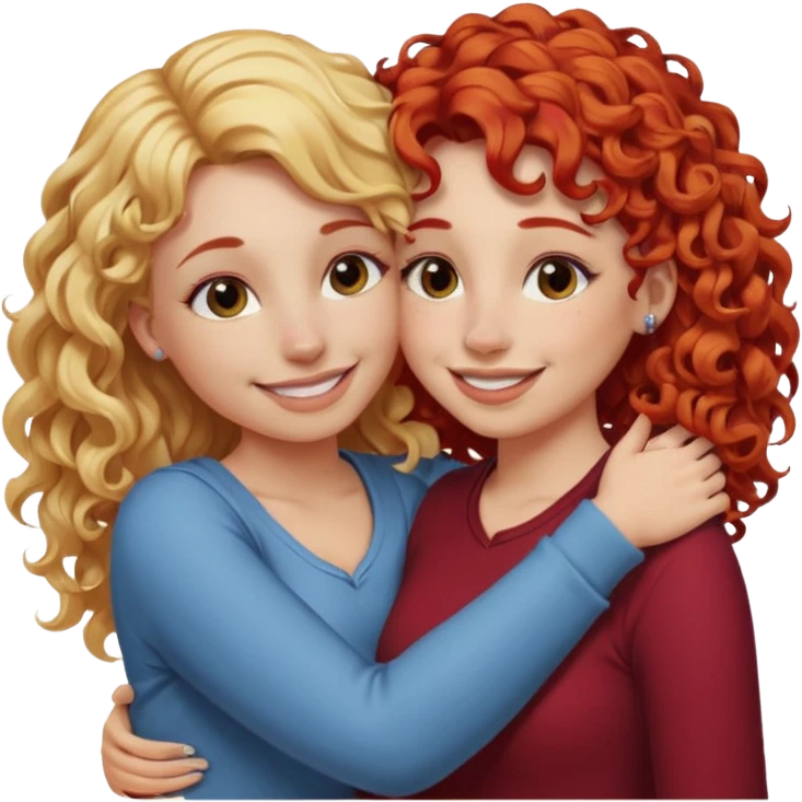 A woman with pencil straight, blonde hair and a nose piercing and a woman with curly red hair and a nose piercing are hugging and smiling together. emoji