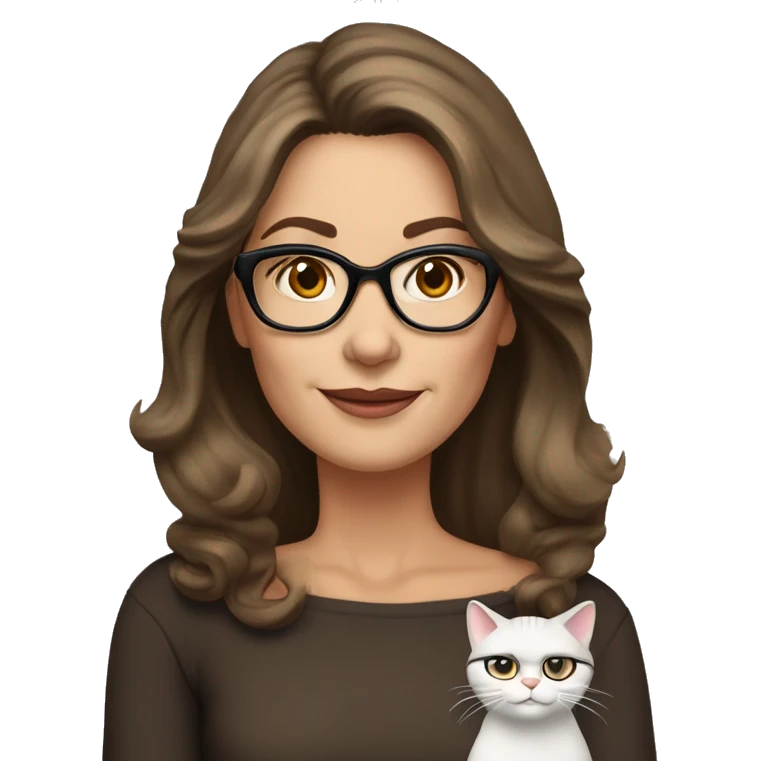 50 years old girl
long brown hair with volume styling
light skin
glasses with refined frame
Brown eyes with cat eye liner emoji