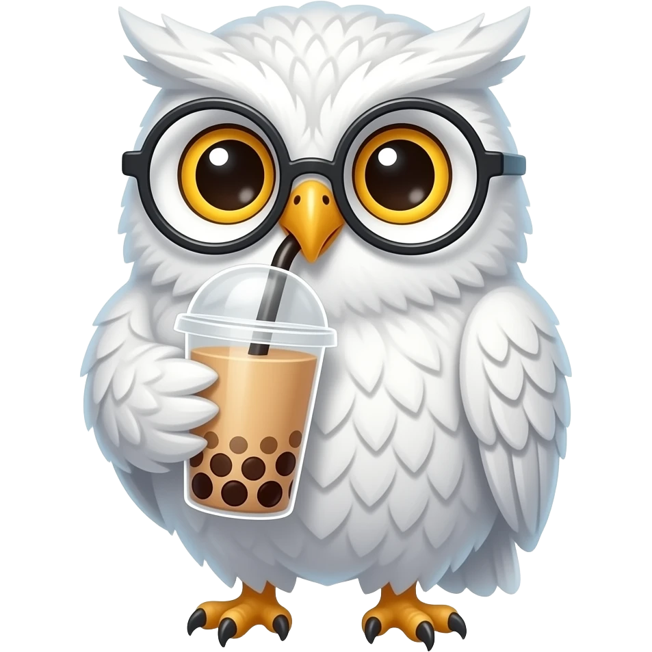 Bubble tea drinking white fluffy owl wearing glasses anime style cute emoji
