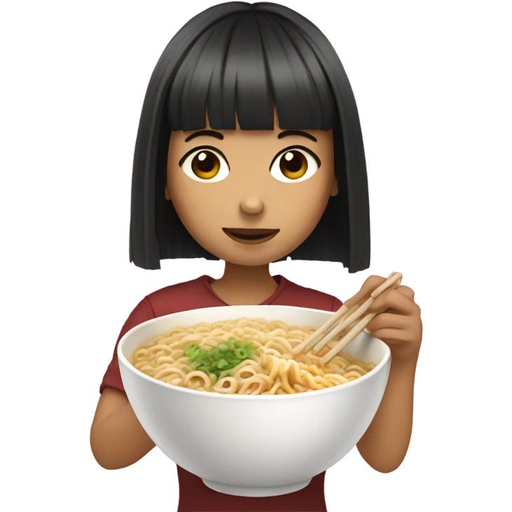 Girl with bangs eating ramen noodles emoji