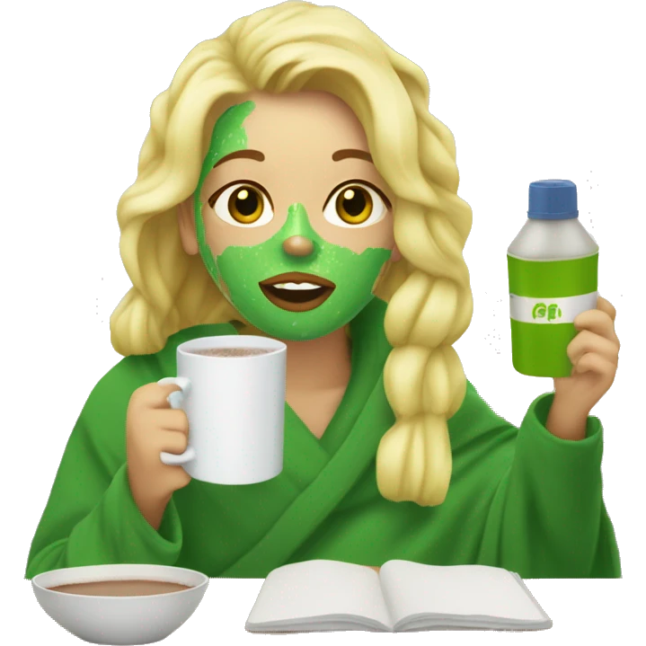 A girl with blonde hair with a green face scrub rapped in a towel drinking hot cocoa emoji