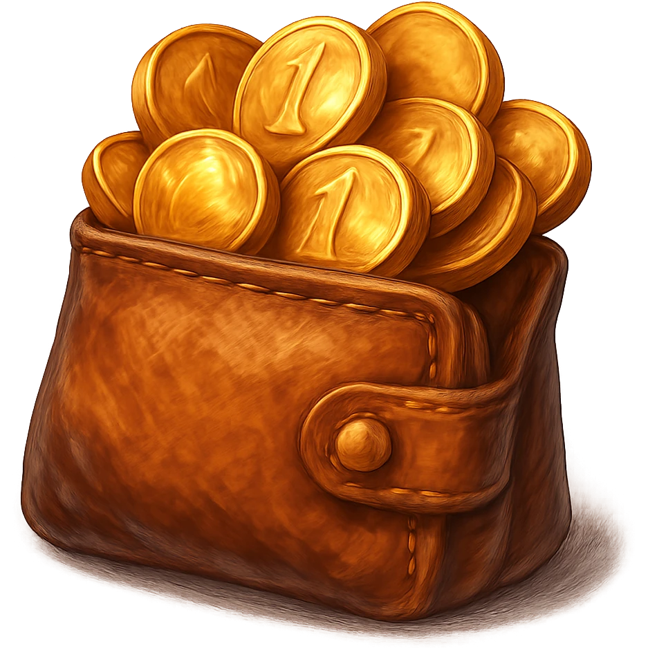 В cлегка рисованной, но при этом объемной и яркой стилистике сгенерируй картинку кожаного кошелька, из которого торчат фотореалистичные золотые монеты. Они должны выглядеть не как пластмассовые, а как настоящее золото. Прозрачный фон emoji