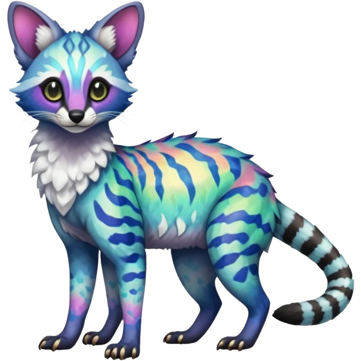 Rare iridescent white exotic epic aesthetic colorful Trico-Genet-species-Fakemon-hybrid-creature, with intricate tattoo markings, full body emoji