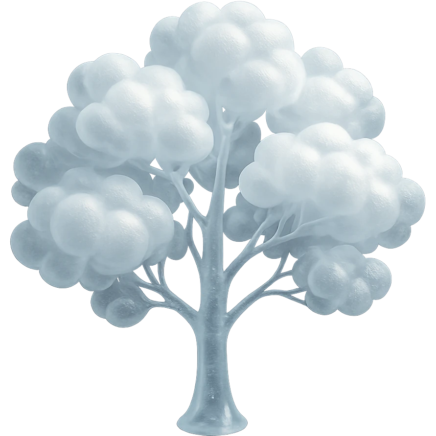 one tree with many branches and a white trunk, crown made of small very bright white fluffy convex clouds, matte glass style emoji