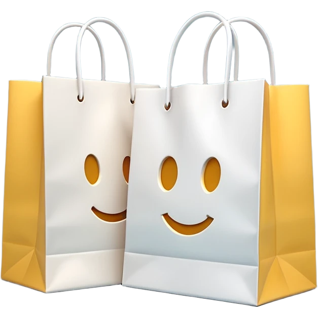 A 3D emoji of two white paper shopping bags, one large and one small, standing next to each other. Soft studio lighting, smooth 3D rendering, claymorphism style, minimalist design, cute, high resolution, isolated on a white background. emoji