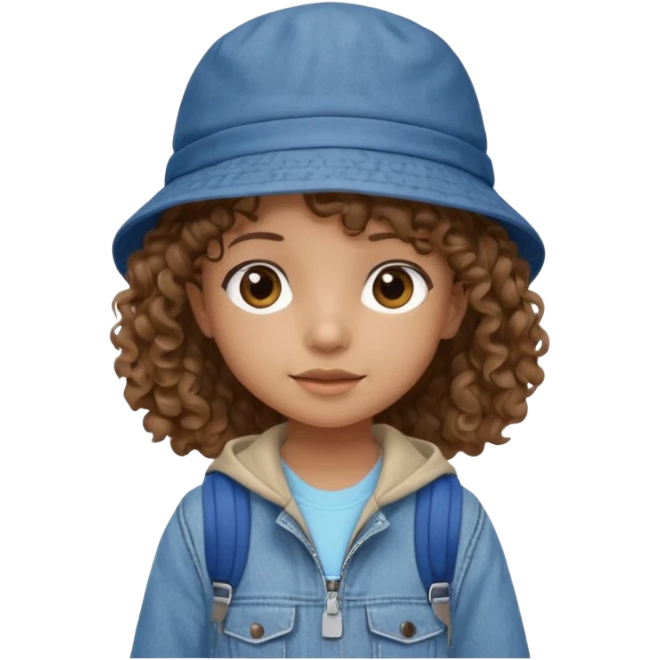 A little girl student curly brown hair, with jean bucket hat, beige jacket, blue backpack emoji