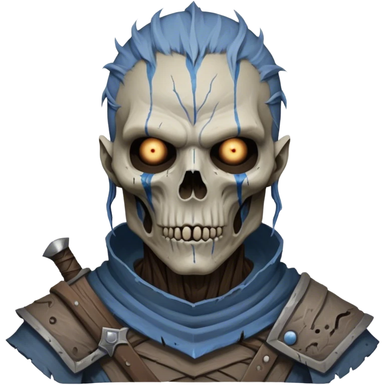 Cinematic Realistic WoW Undead Warrior Portrait, depicted with decayed yet noble features, his weathered, pallid skin etched with ghostly blue veins and ancient scars. Clad in modest, tattered attire in muted browns and greys that remain consistently rugged, his hollow eyes burn with determined defiance. Rendered with lifelike texture and dramatic natural lighting, high shine, noble and resilient, capturing the stoic spirit of an undead veteran of Azeroth. emoji