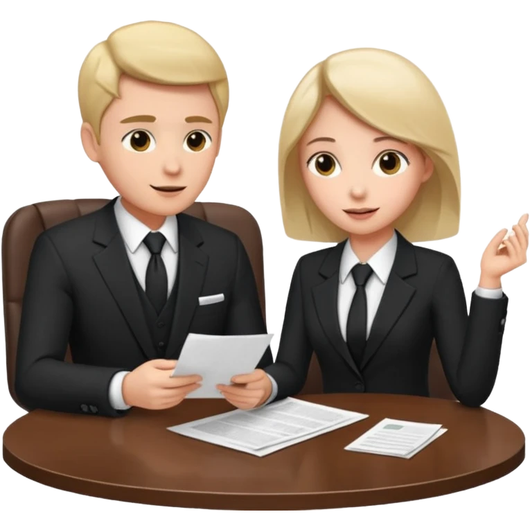 man in formal suit talking to woman in formal suit, they sit, papers in hands on the table emoji